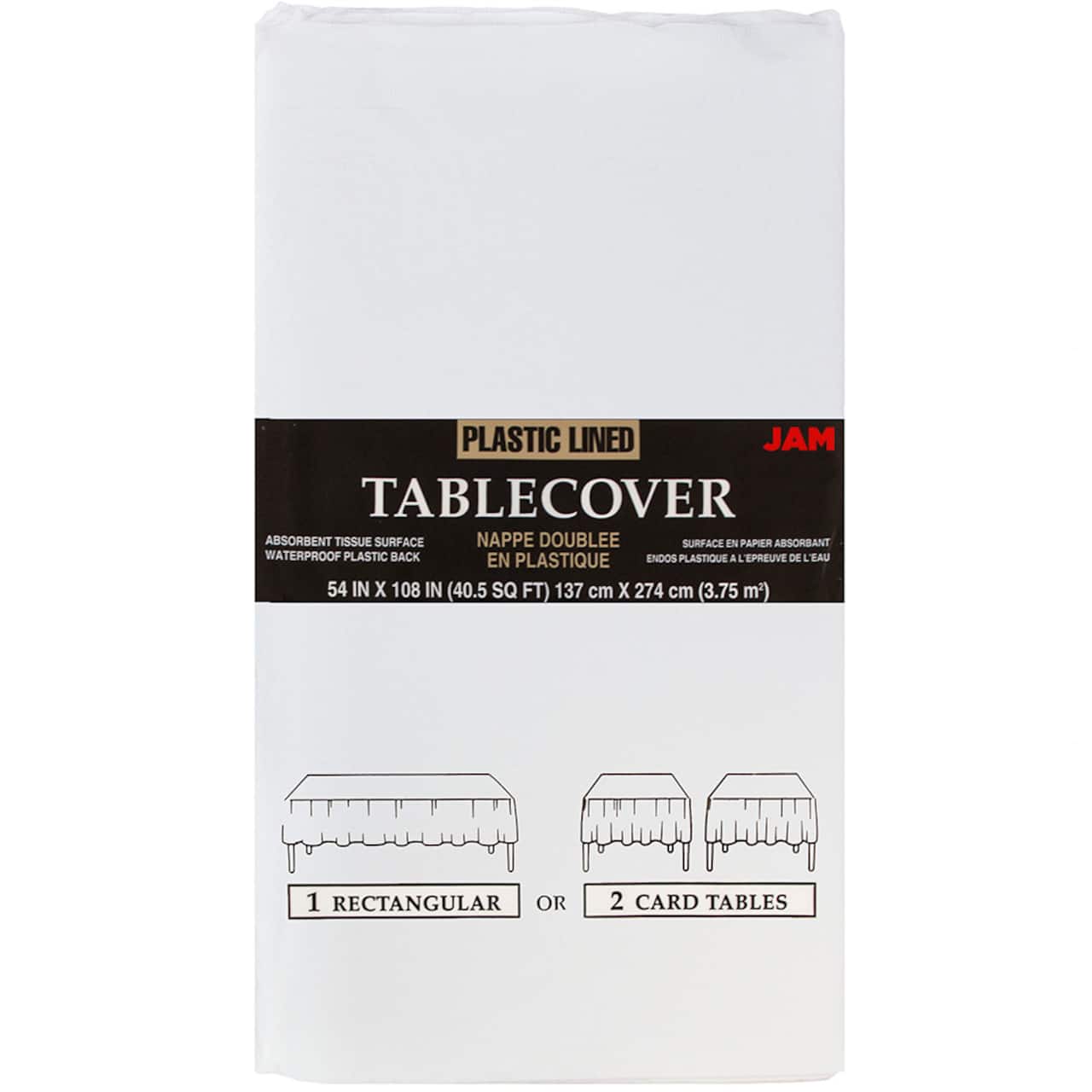 JAM Paper White Rectangular Plastic Lined Table Cover, 54" x 108"